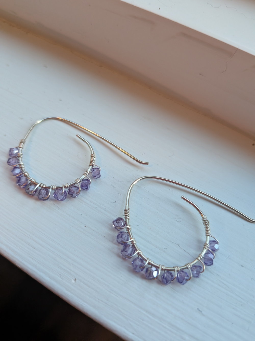 Sterling Silver Hoop Earrings with Lavender Crystal Beads